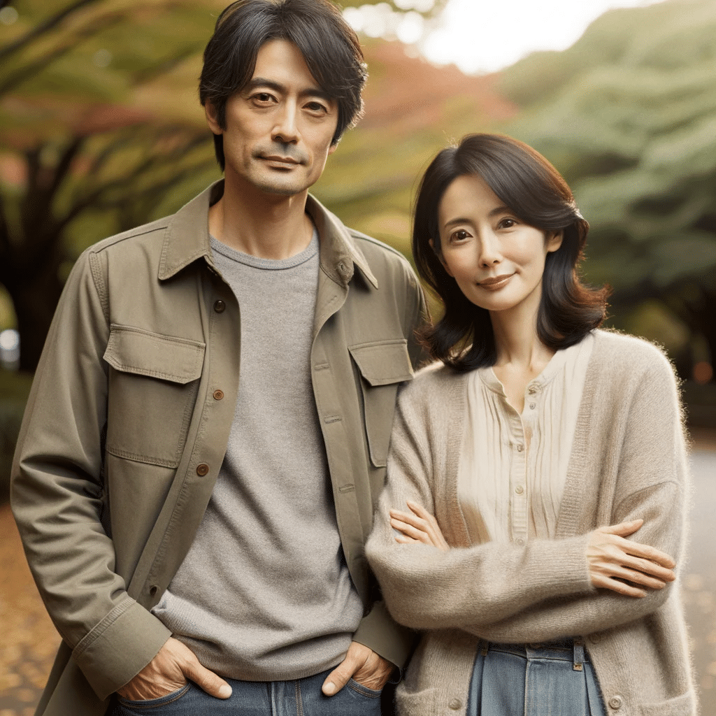 DALL·E 2023-10-31 20.54.01 – A photo of a Japanese couple in their 40s standing side by side in a park during autumn. The husband, with short black hair, is wearing a casual jacke